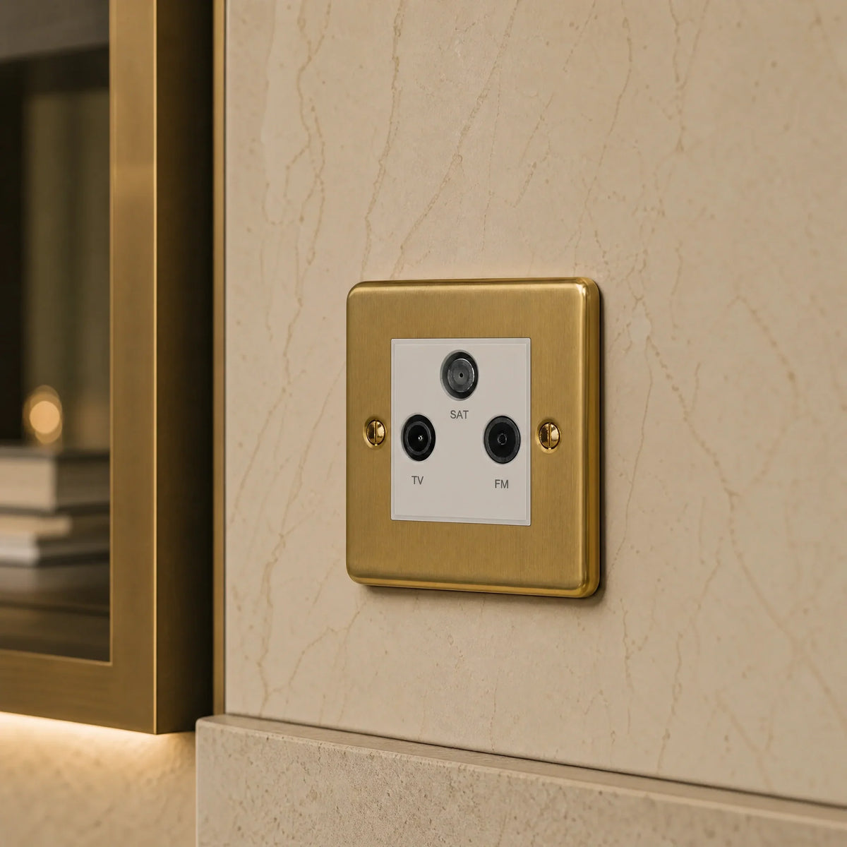 VORELLI® Victorian Media Outlet, close view on a wall beside joinery in an interior visualisation.