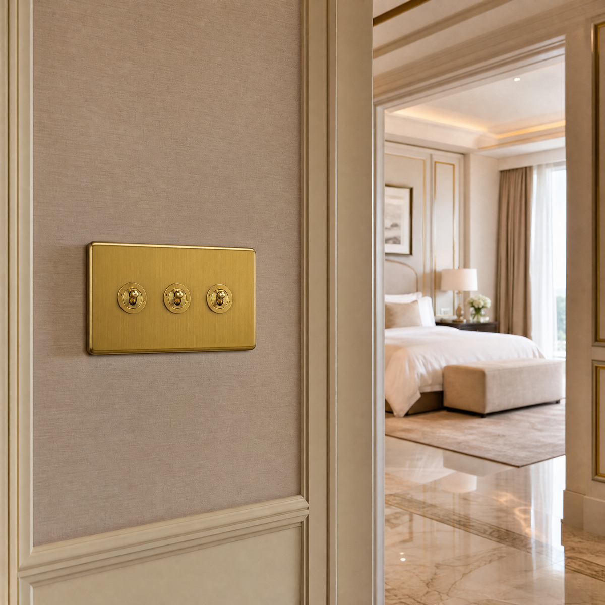 VORELLI® Victorian Toggle Switch, close view on an interior wall in an interior visualisation.