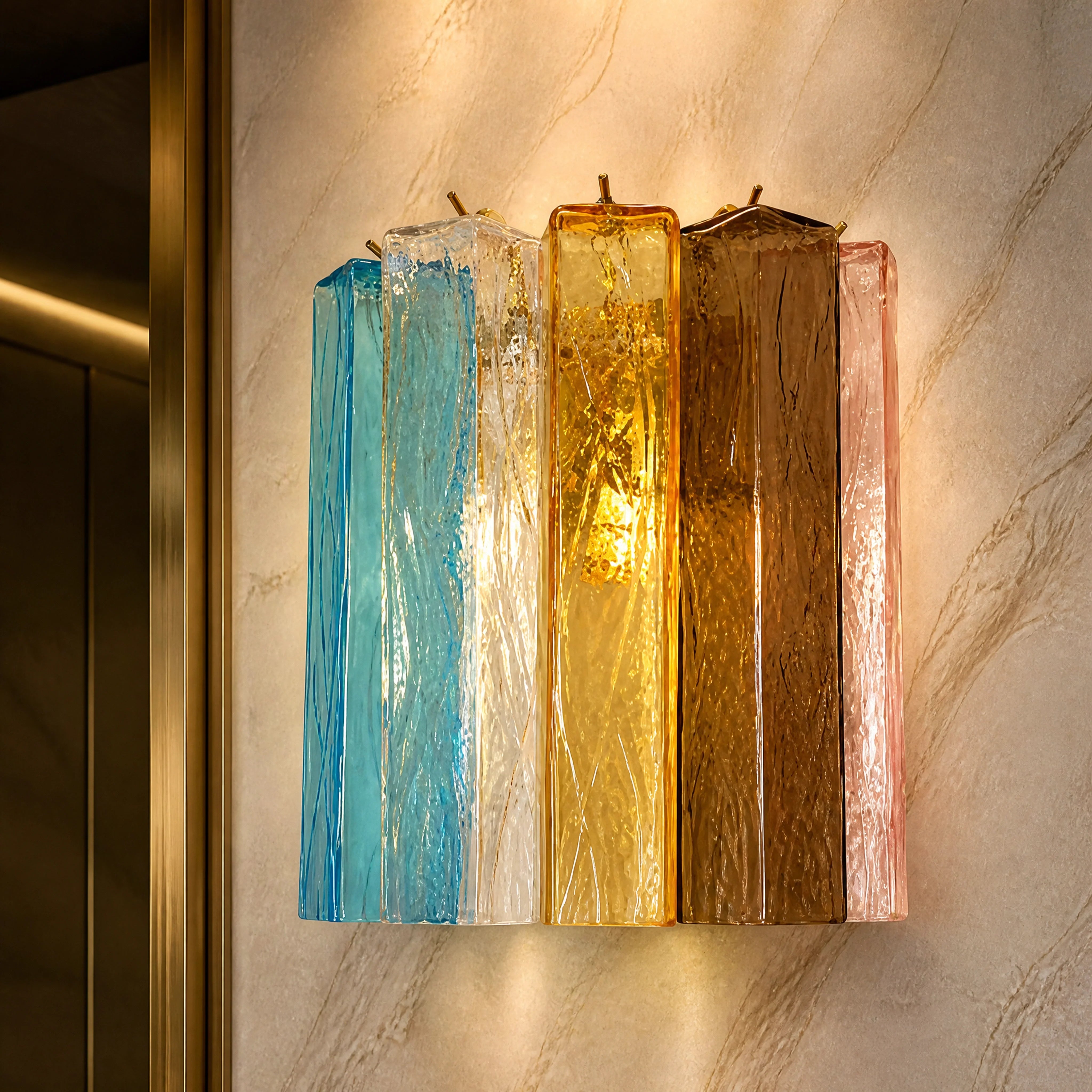 Verona Squares Murano Glass Wall Light close-up luxury lifestyle hero image by VORELLI
