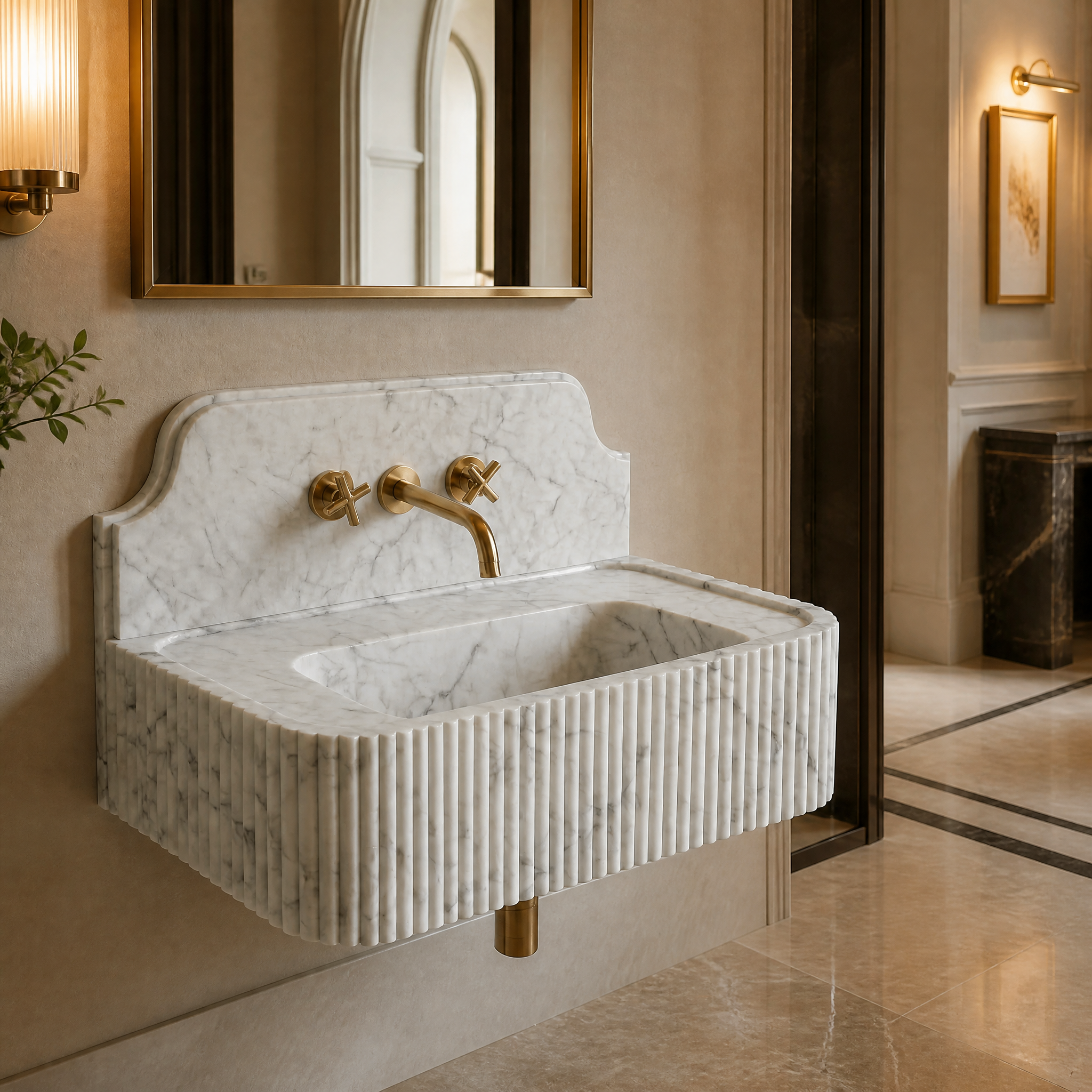 The luxury VORELLI White Carrara fluted marble backsplash sink installed in a high-end boutique hotel bathroom, emphasizing its sophisticated, bespoke appeal.