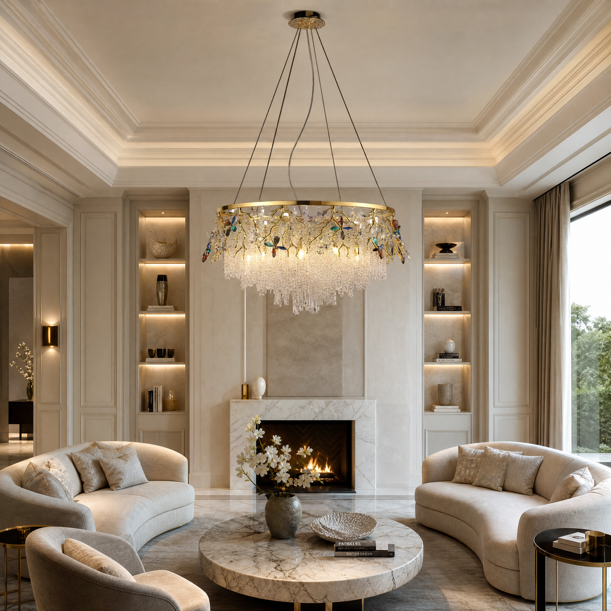 Vorelli Wisteria Circular Chandelier II installed in a modern luxury living room above a contemporary seating area.