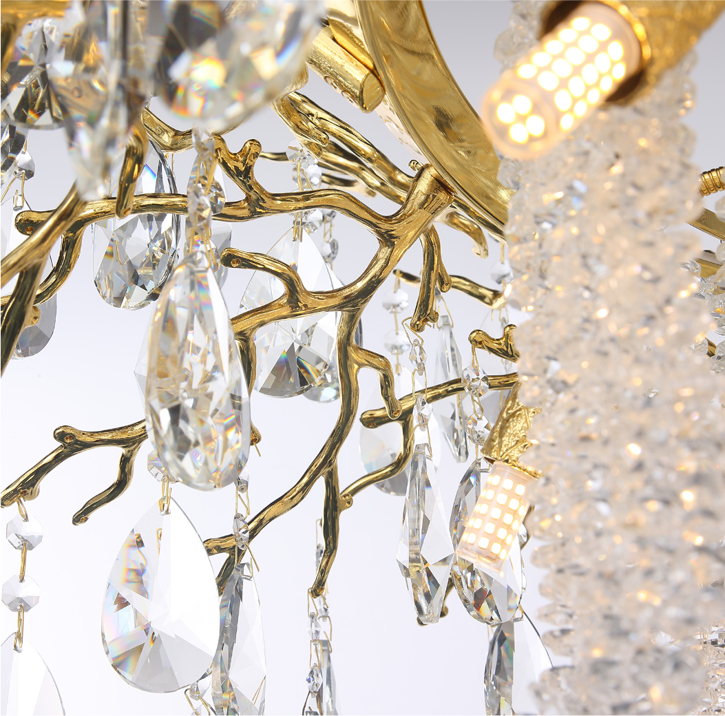 Close-up of Wisteria Dewdrop chandelier showing crystal drops and sculpted branch detailing