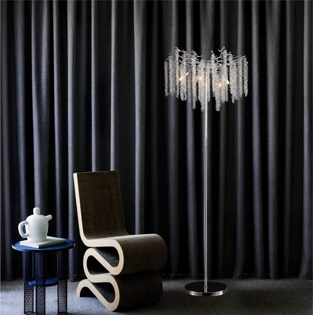 Luxury wisteria floor lamp illuminating a modern interior with cascading crystal detail