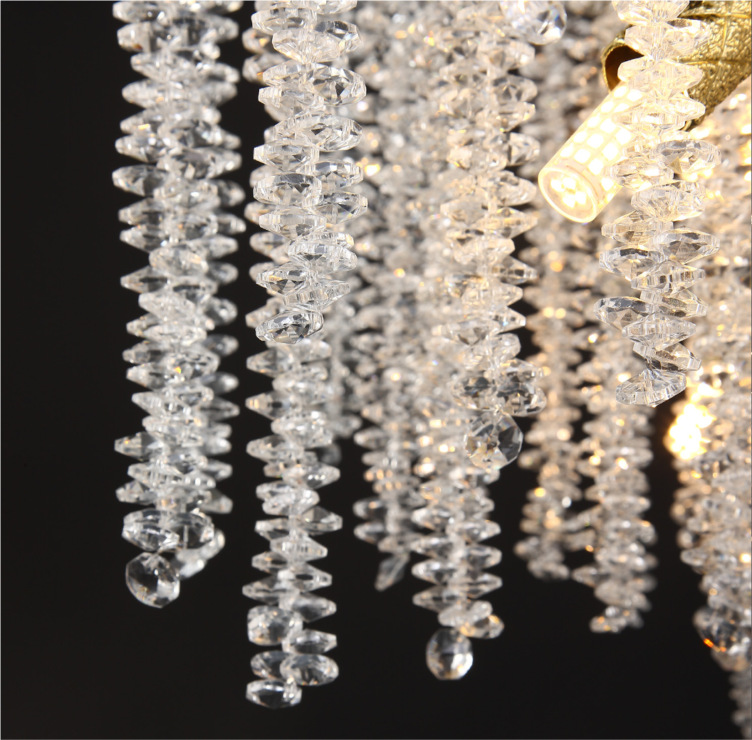 Close-up of cascading crystal strands on the VORELLI Wisteria rectangular chandelier