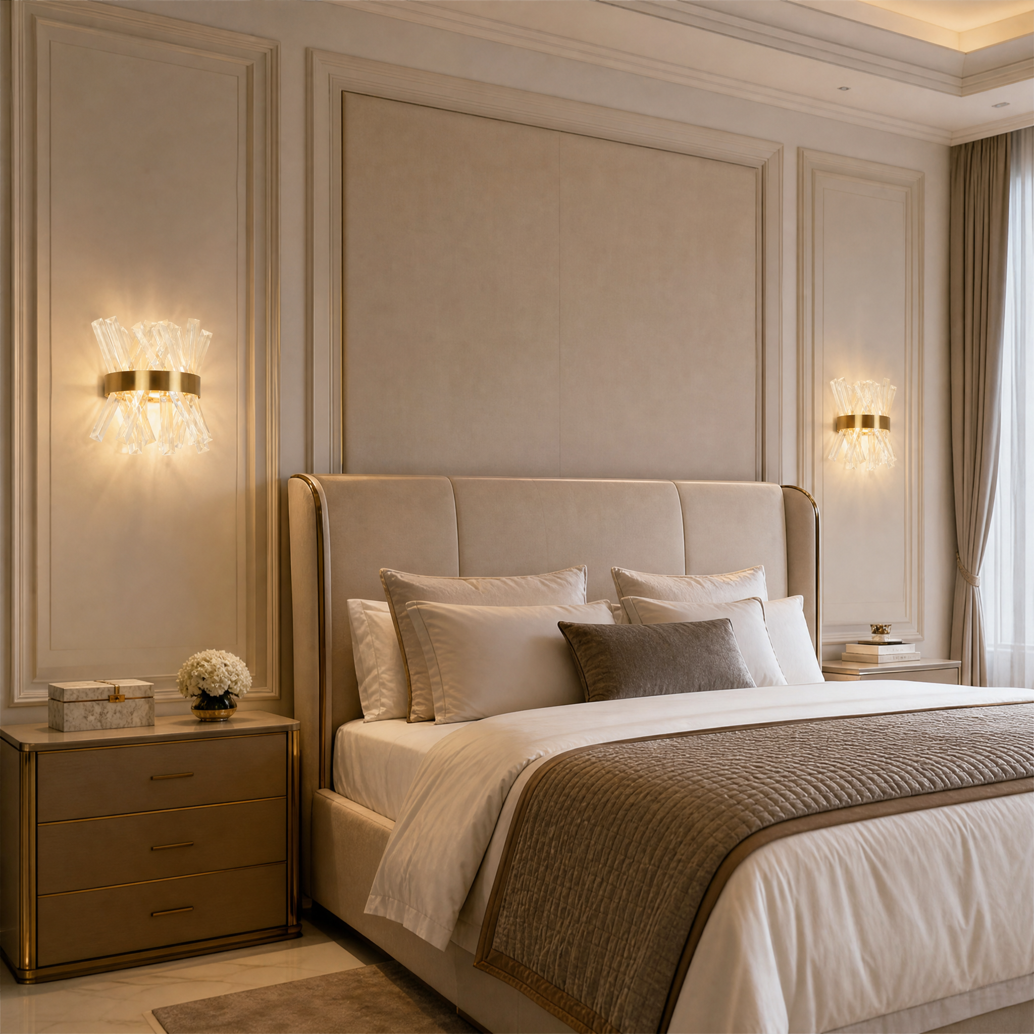 Luxury residential hallway featuring the VORELLI Yakutia Wall Light with diamond cut crystals casting a warm modern ambiance.