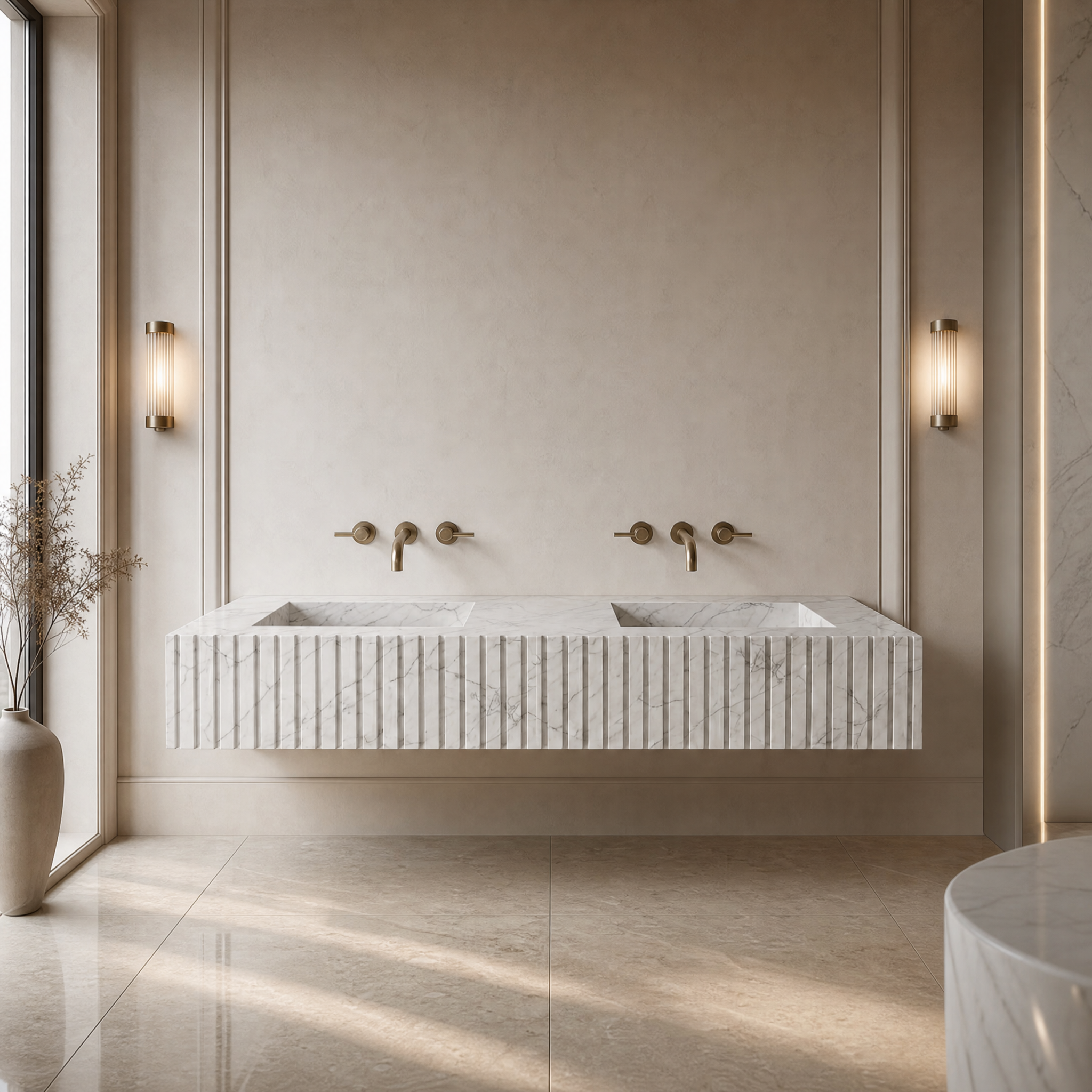 White Carrara marble double sink with a fluted front installed in a luxury residential primary bathroom.