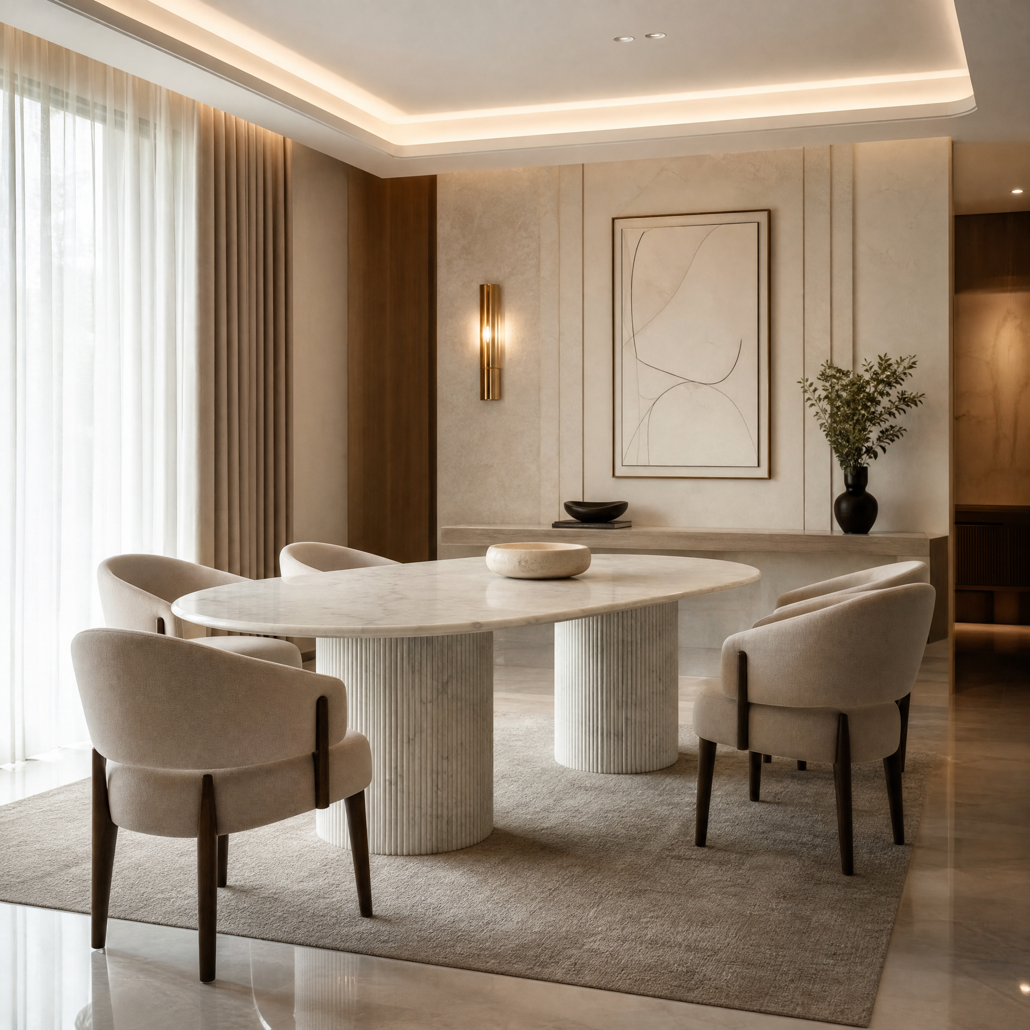 VORELLI White Carrara marble oval dining table with a fluted architectural base styled in a luxury, modern residential dining room setup.
