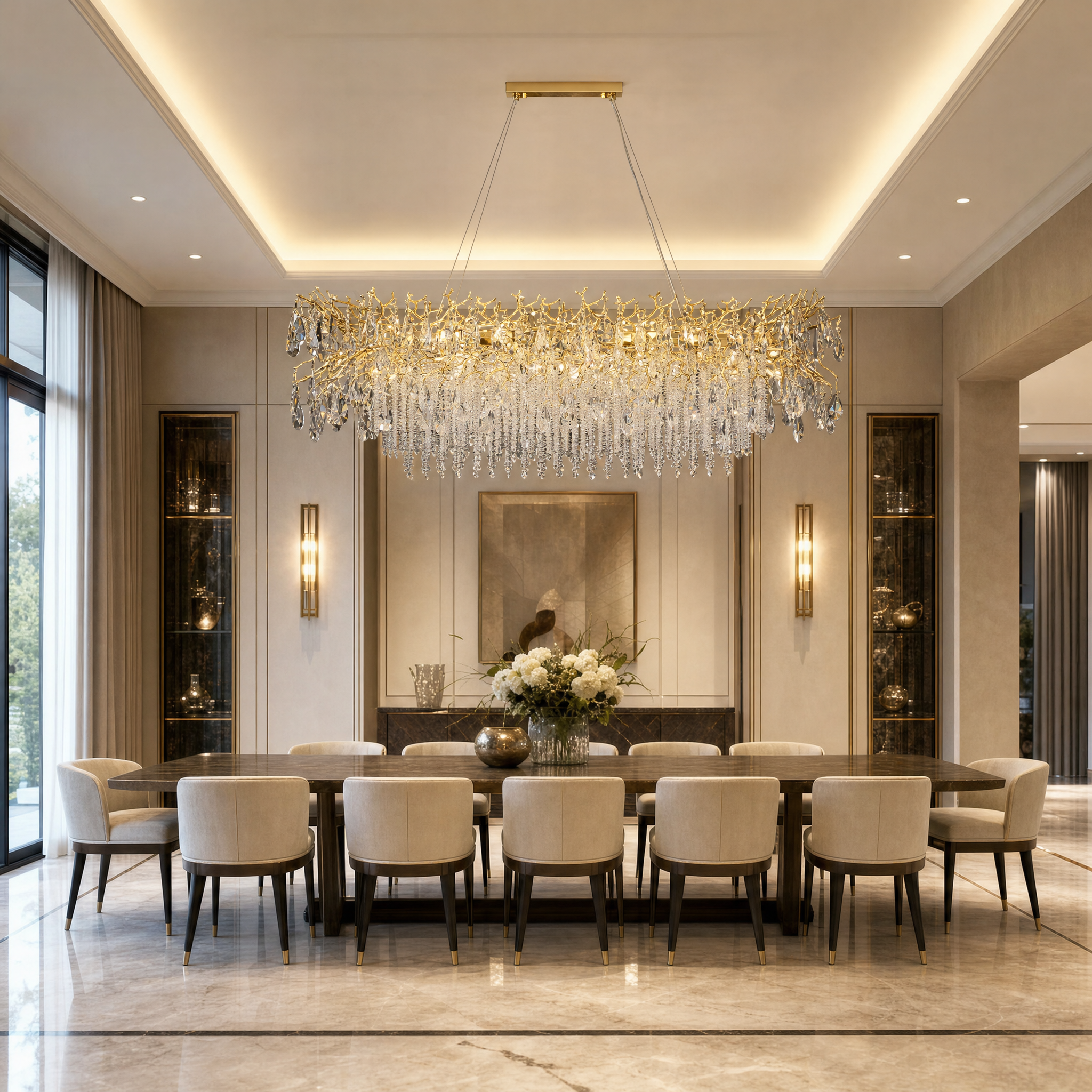 VORELLI Wisteria Dewdrop rectangular chandelier casting soft atmospheric light over a modern luxury dining table set in a residential interior.