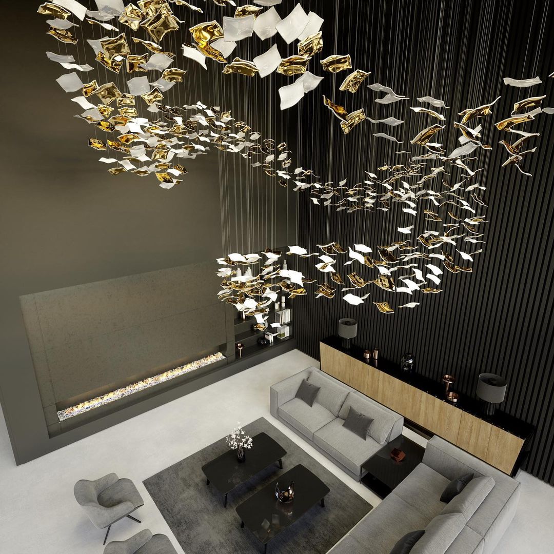 Floating Square Project Installation chandelier studio view