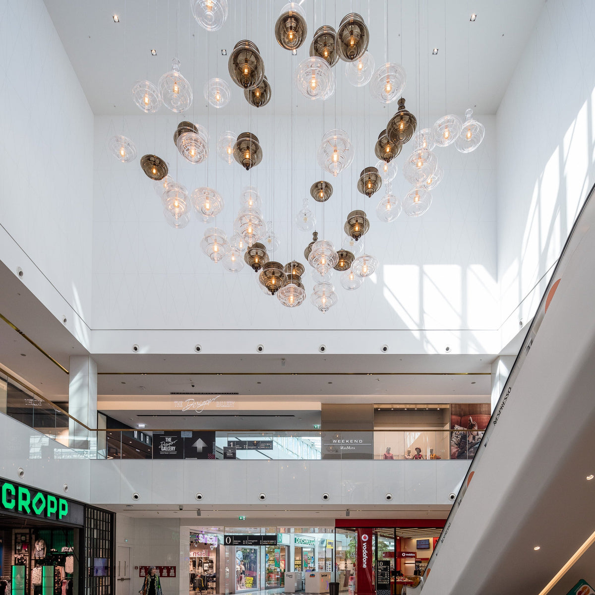 Clear & Tea Cone Glass Project Installation pendant light studio view