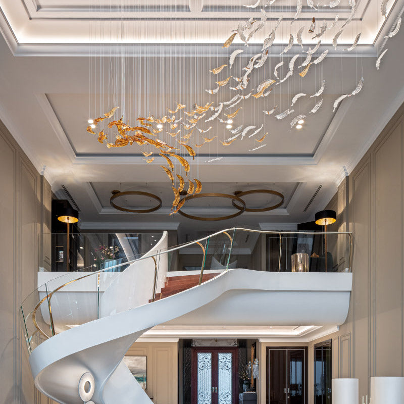 Floating Feather Project Installation chandelier studio view