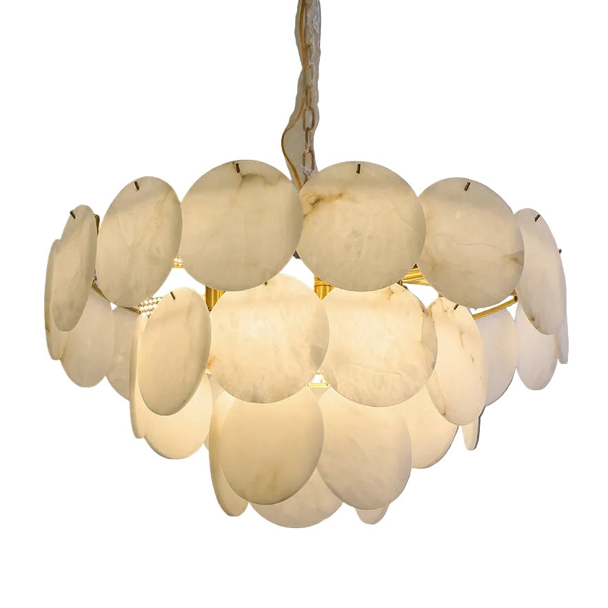 VORELLI Alfonso circular chandelier showcasing the exquisite texture of its layered marble discs illuminated from within.