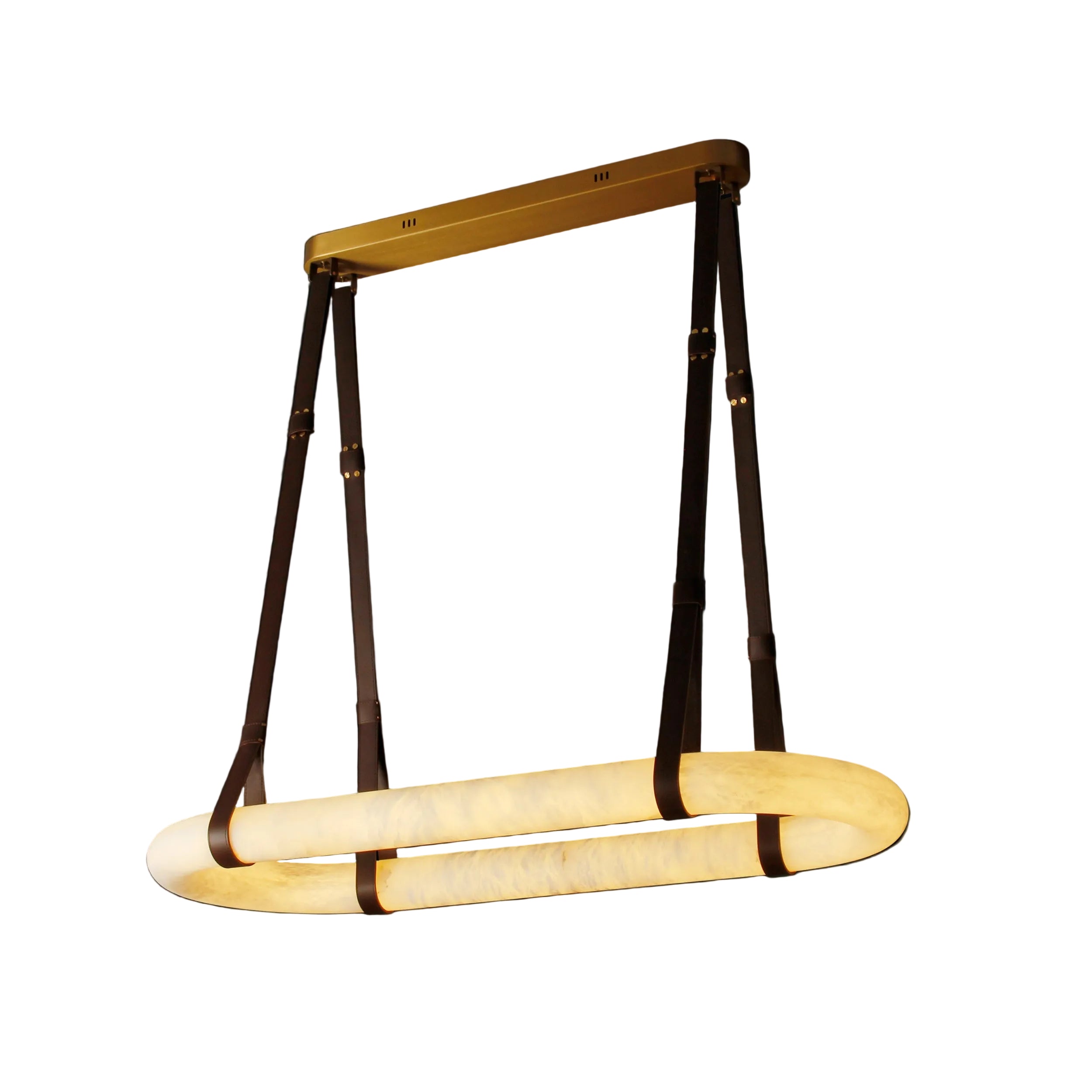 Botticino Marble Rectangular Chandelier with illuminated marble and leather suspension straps.