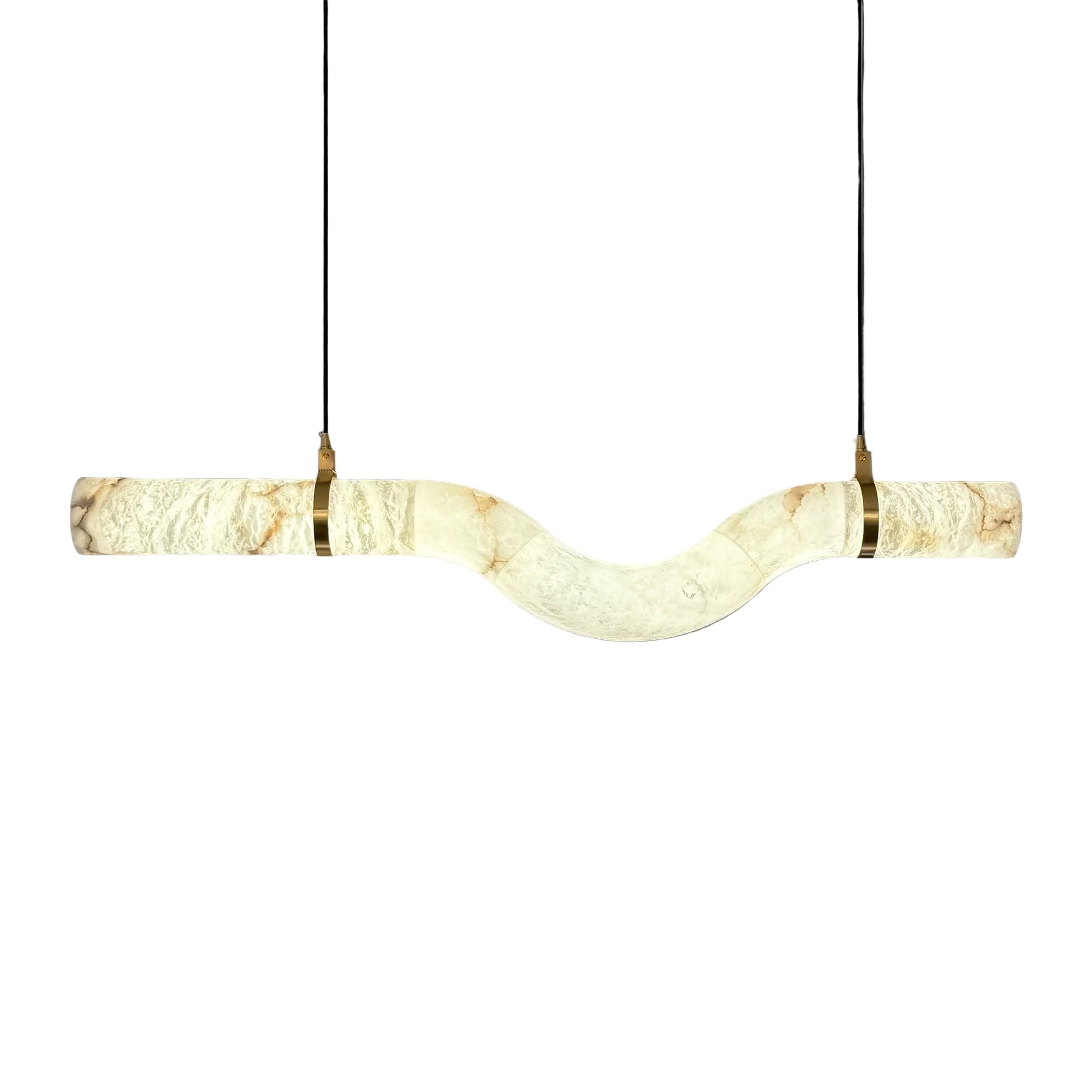Sculptural curved configuration of the Caesar Marble Rectangular Chandelier displaying its hand-carved marble texture and refined suspension.