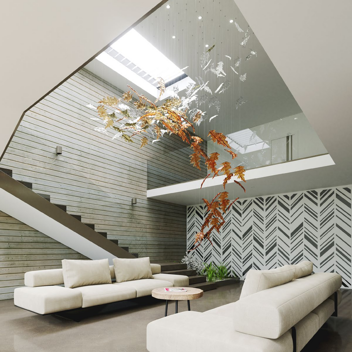 A sophisticated close-up highlighting the organic textures and refined glow of the VORELLI Ember Leaf sculpted glass leaves.