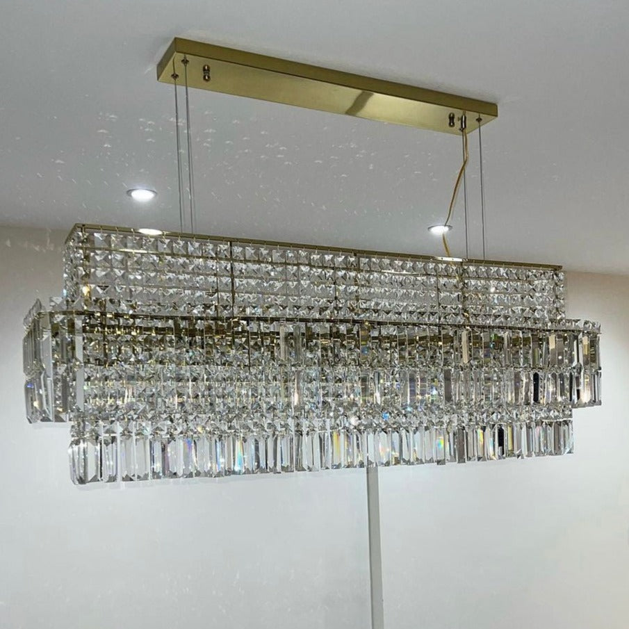 Close up of layered crystal prisms on Abruzzi chandelier