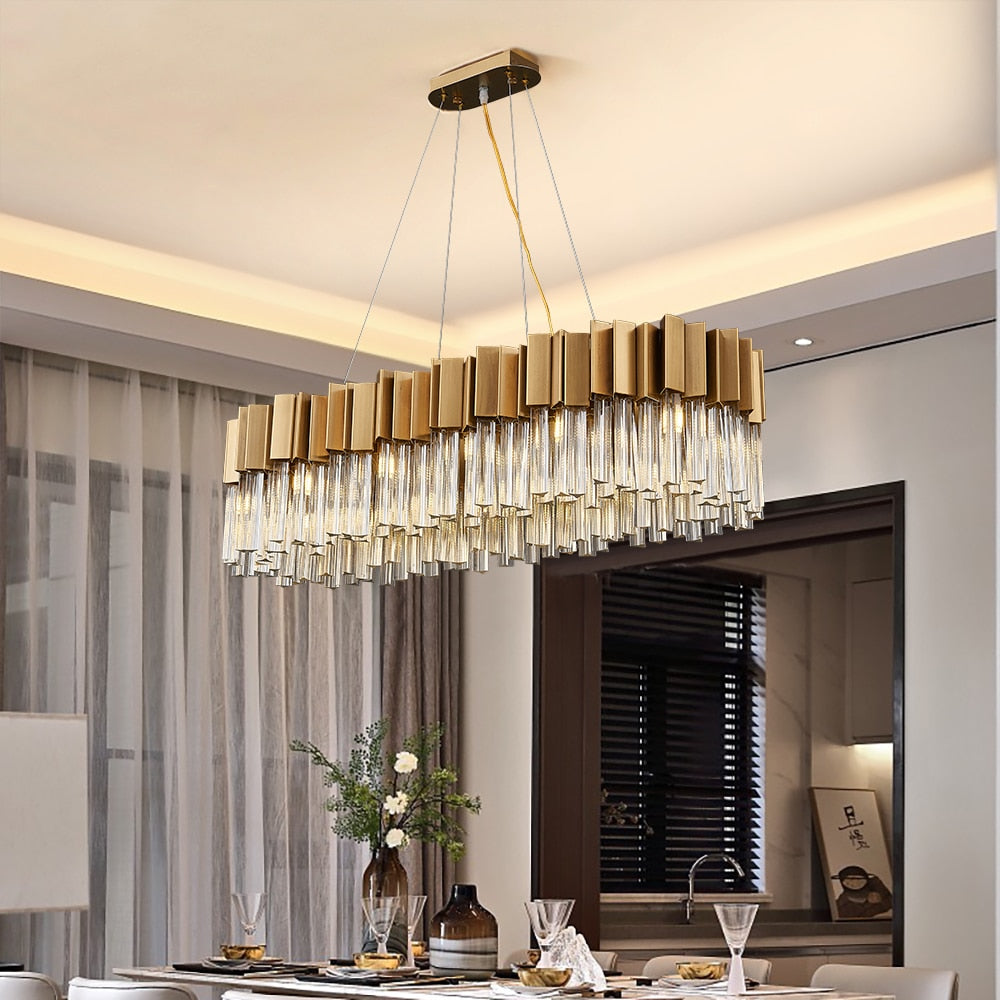 Antilia Rectangular Chandelier installed above luxury dining table