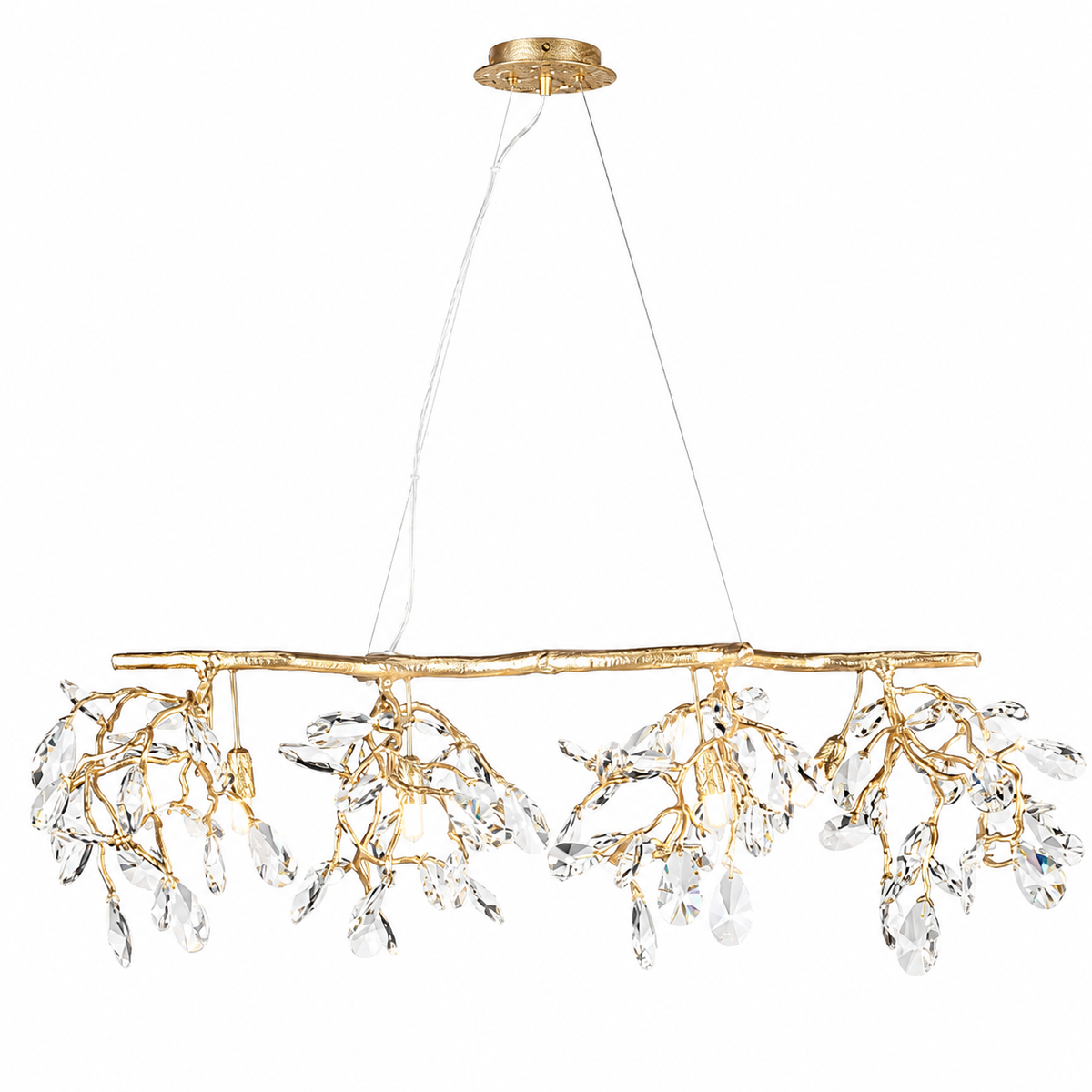 Close-up detail showcasing the intricate diamond-cut faceted crystals of the VORELLI Arboré chandelier capturing and refracting light.