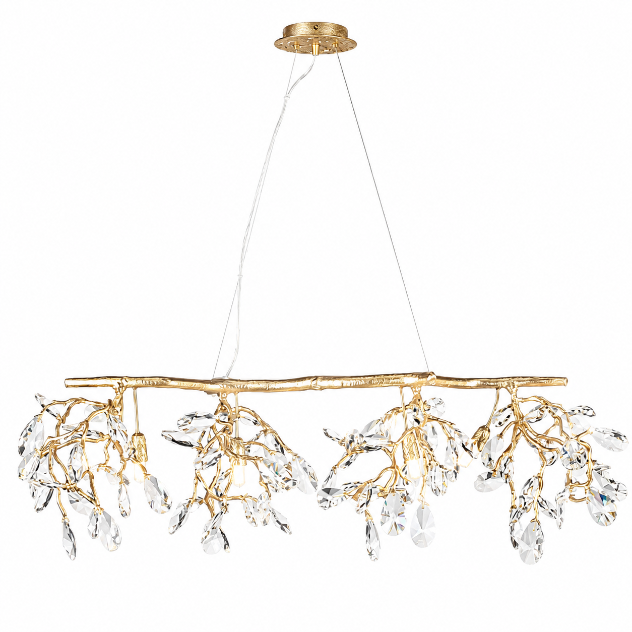 Close-up detail showcasing the intricate diamond-cut faceted crystals of the VORELLI Arboré chandelier capturing and refracting light.