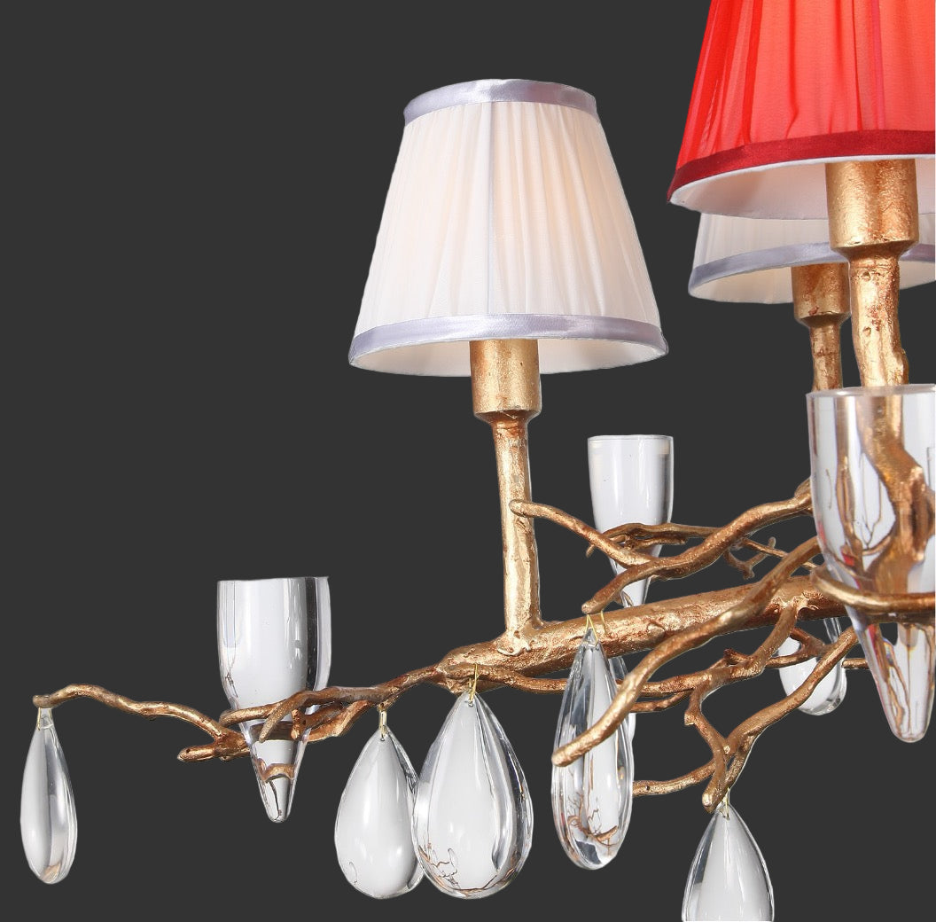 Close up of Arboris Rectangular Chandelier crystal drops and branch arms