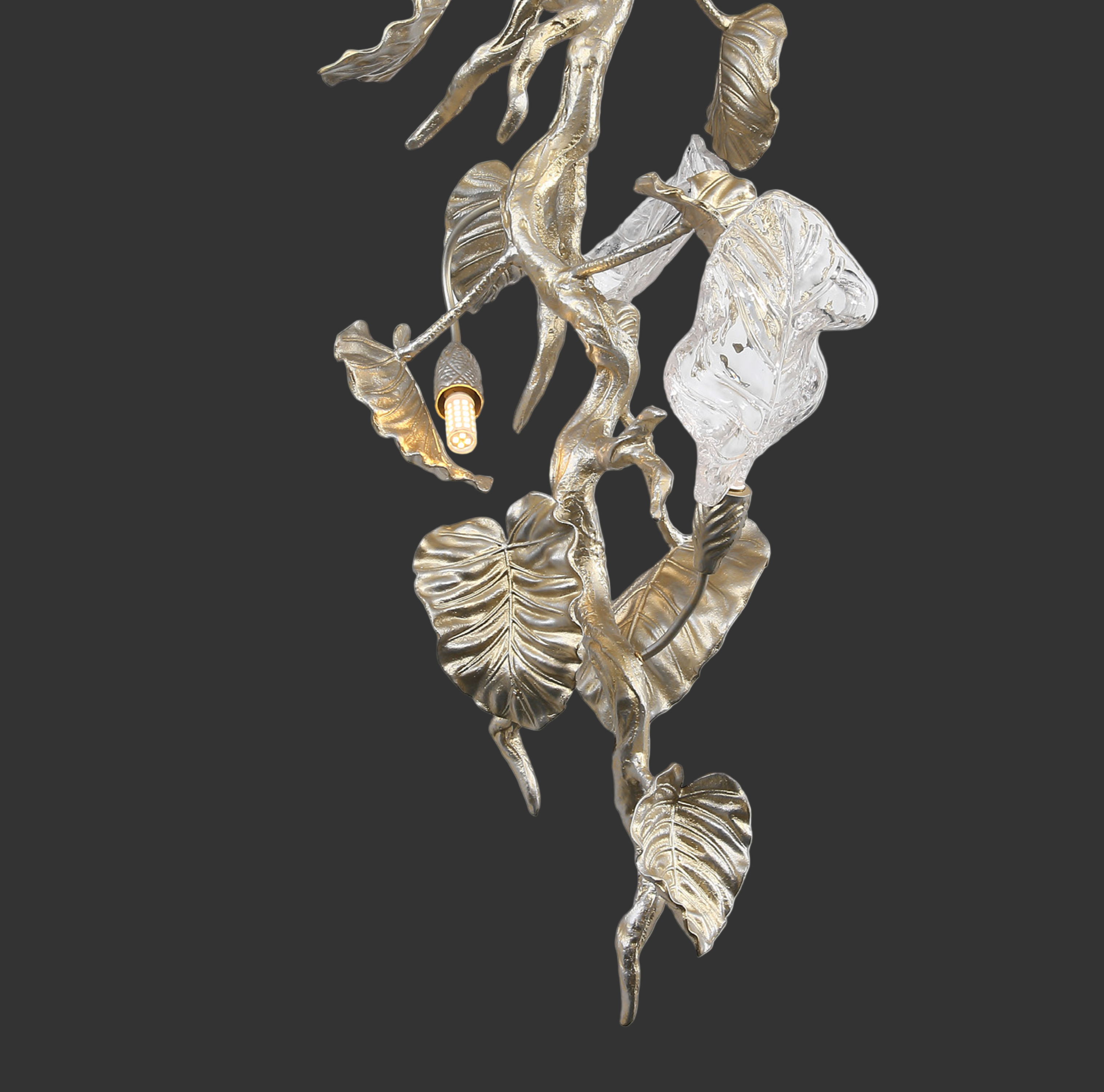 Close up of sculpted glass leaves on Aura Leaf rectangular chandelier