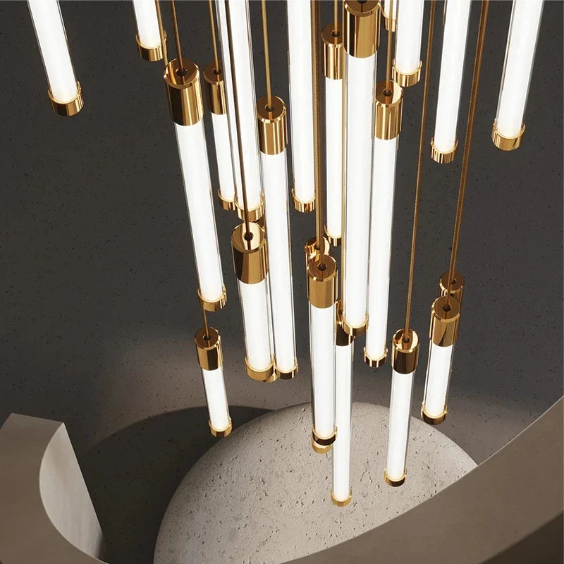 Stylish interior with the Avezzano Staircase Chandelier adding vertical illumination.