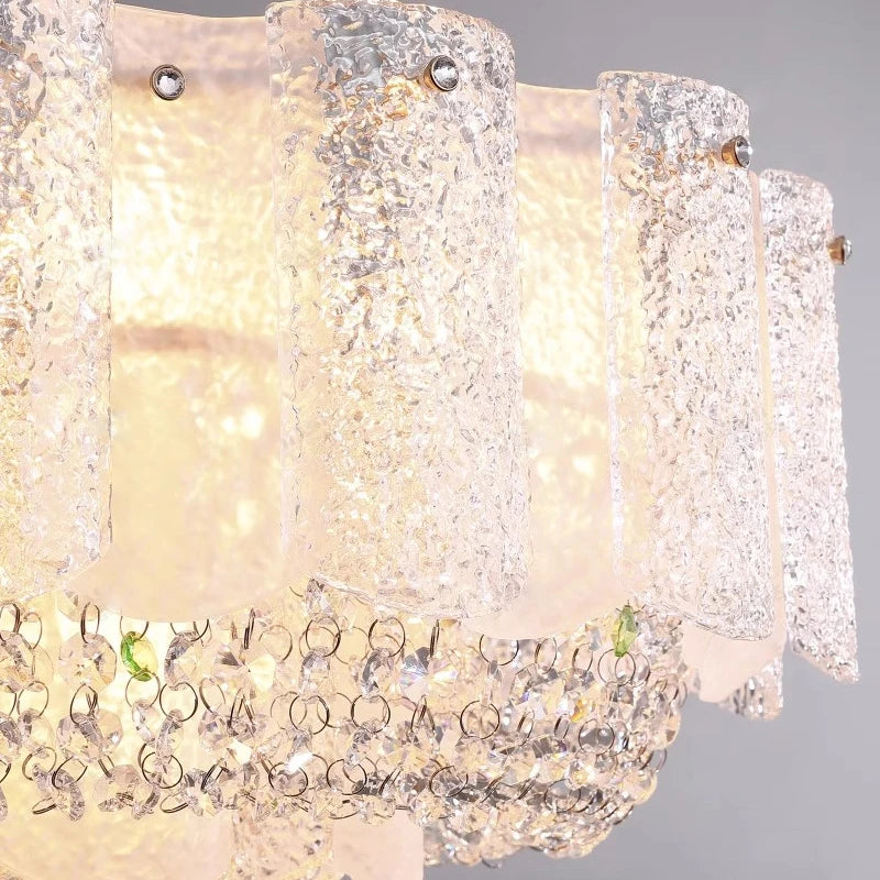 Close-up of frosted textured glass panels on Avino chandelier