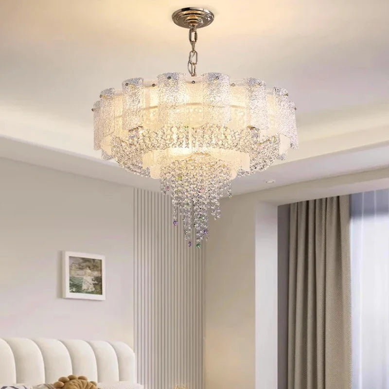 Avino circular crystal chandelier in elegant bedroom interior