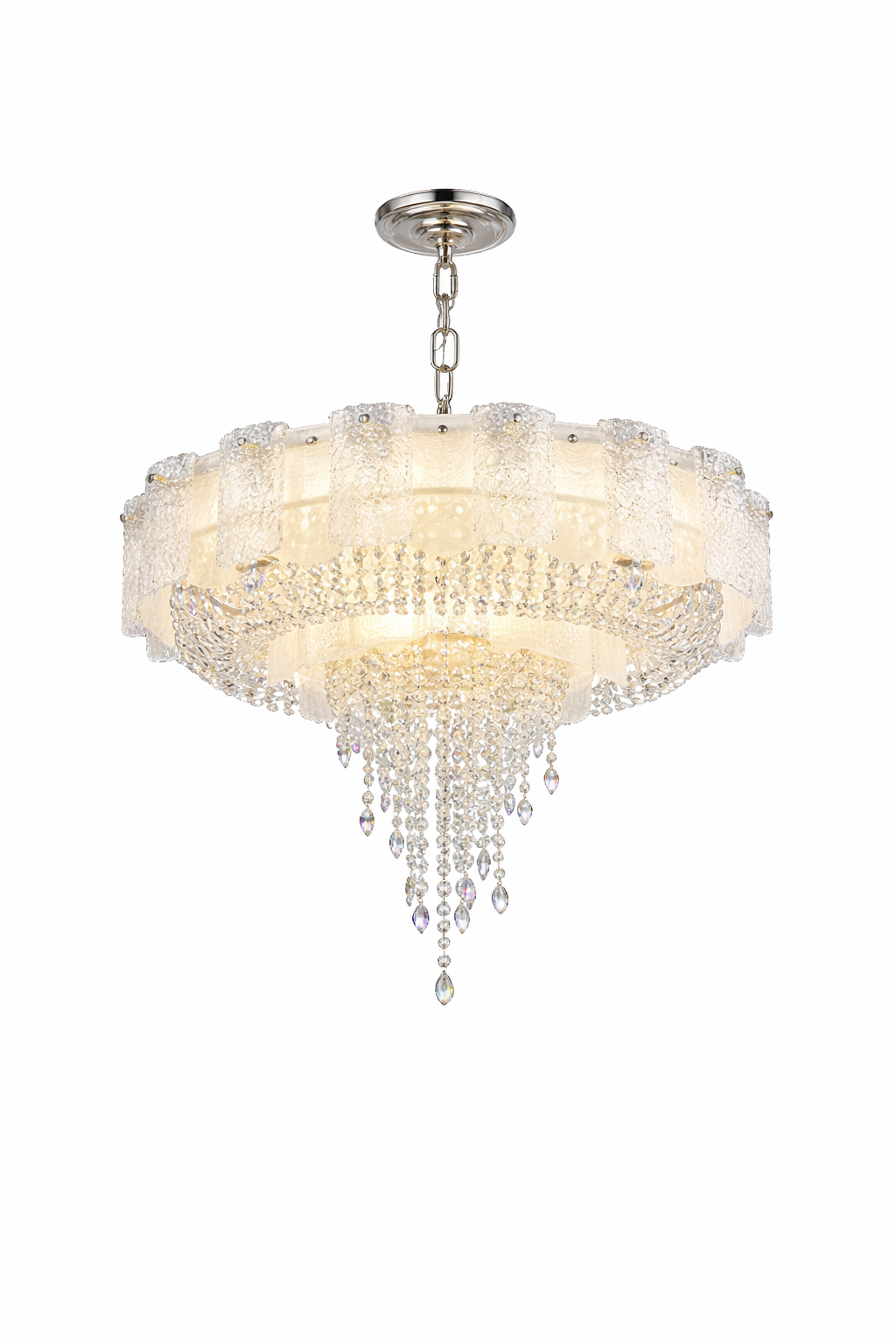 Avino circular chandelier with frosted textured glass and cascading crystals