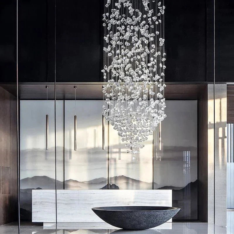 Vertical installation view of Basilicia pendant staircase chandelier