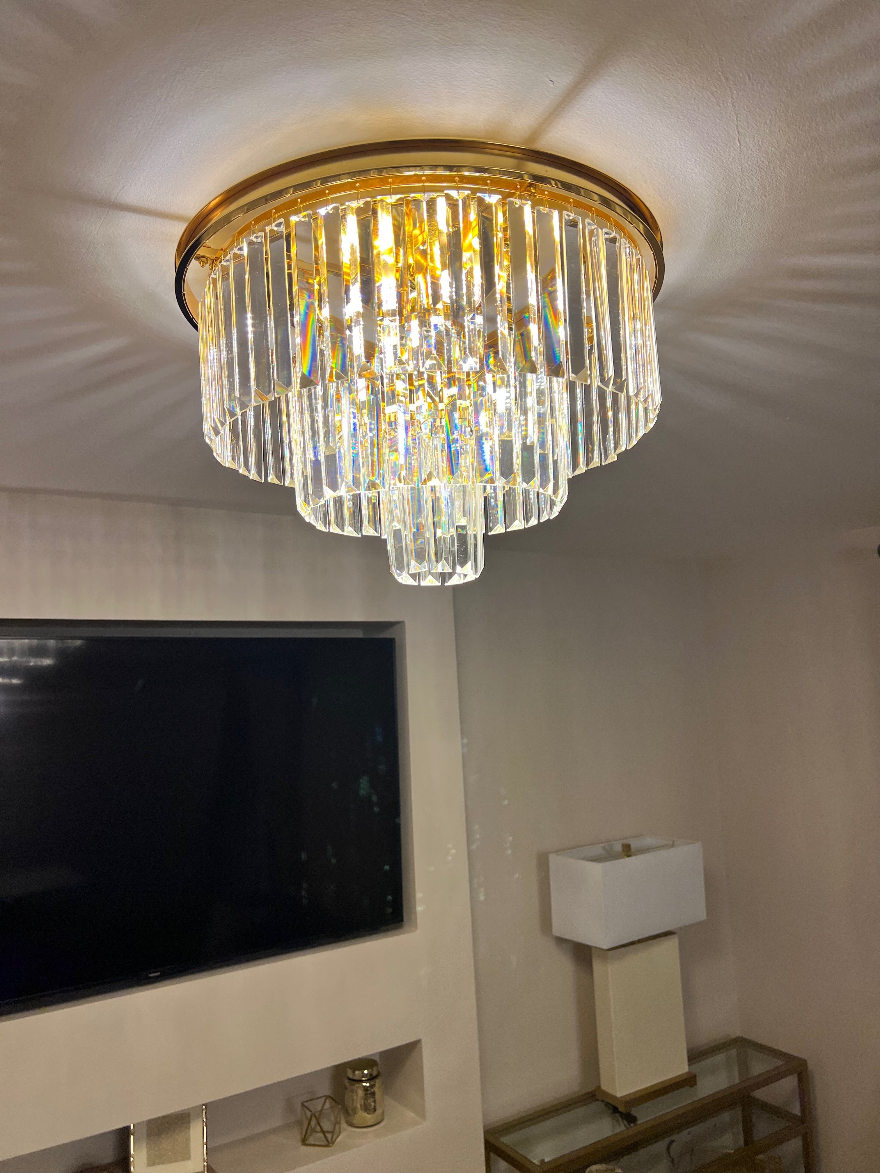 Beckenham tiered crystal ceiling light in living room setting