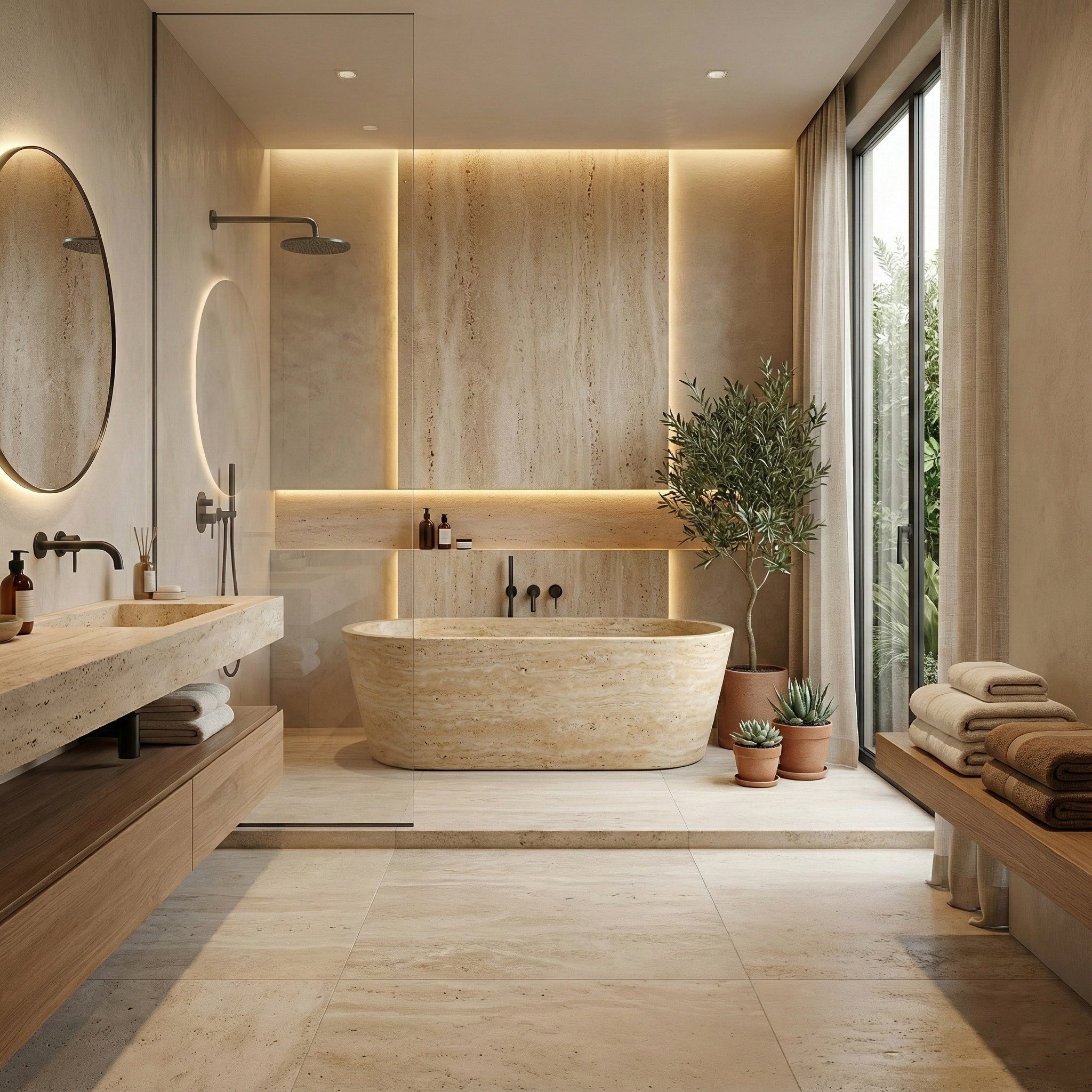Beige Travertine Freestanding Bathtub - Tapered by VORELLI