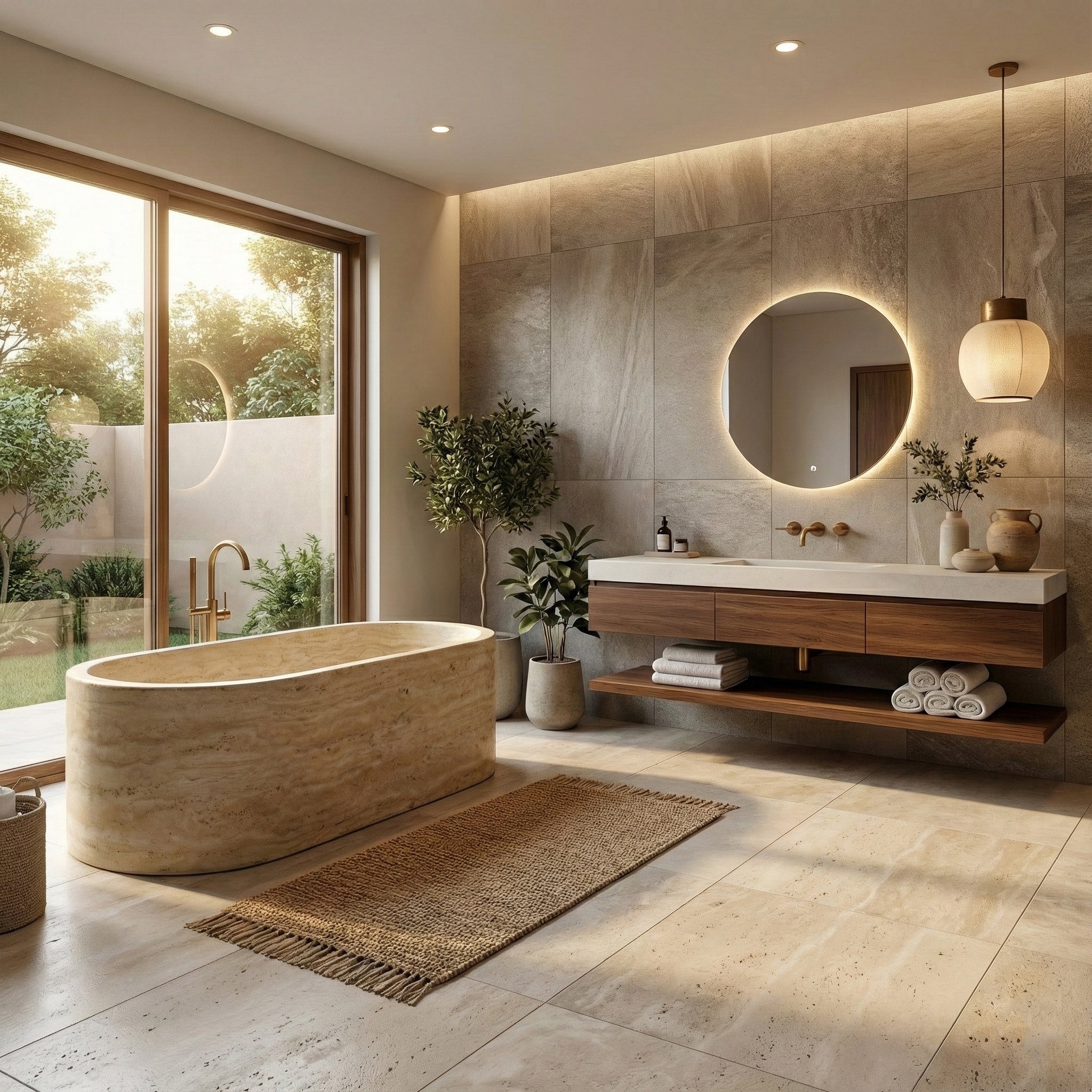 Beige Travertine Freestanding Bathtub - Elliptical by VORELLI
