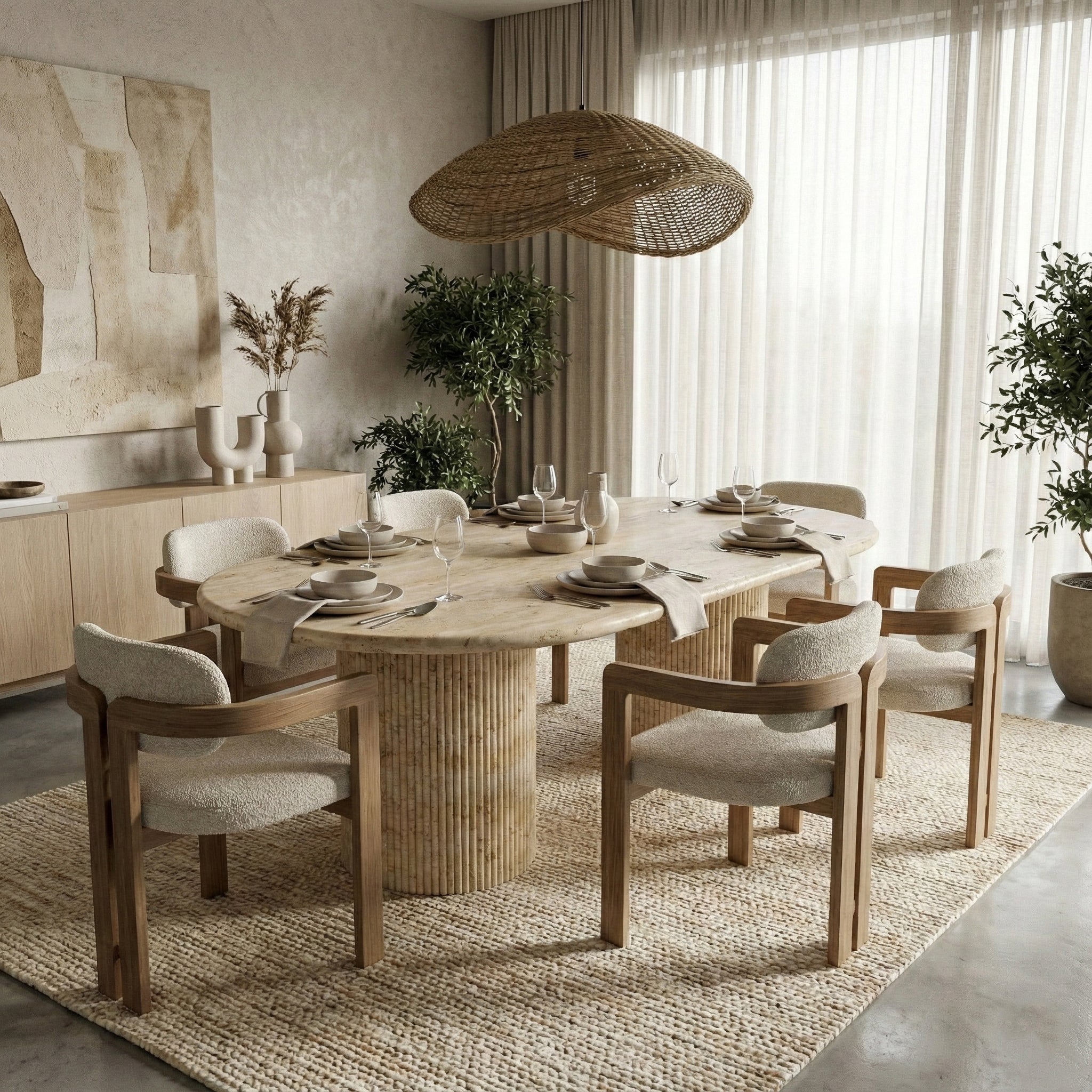 Beige Travertine Oval Dining Table - Fluted by VORELLI