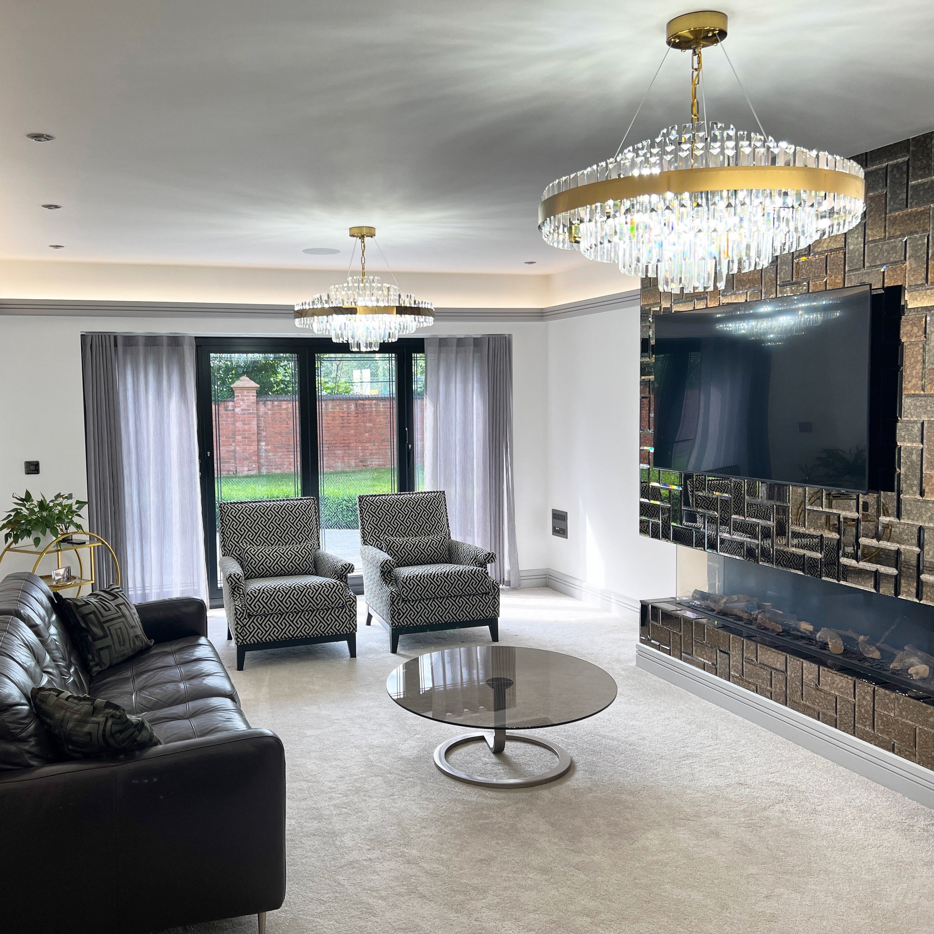 Belair crystal chandelier installed in modern living room
