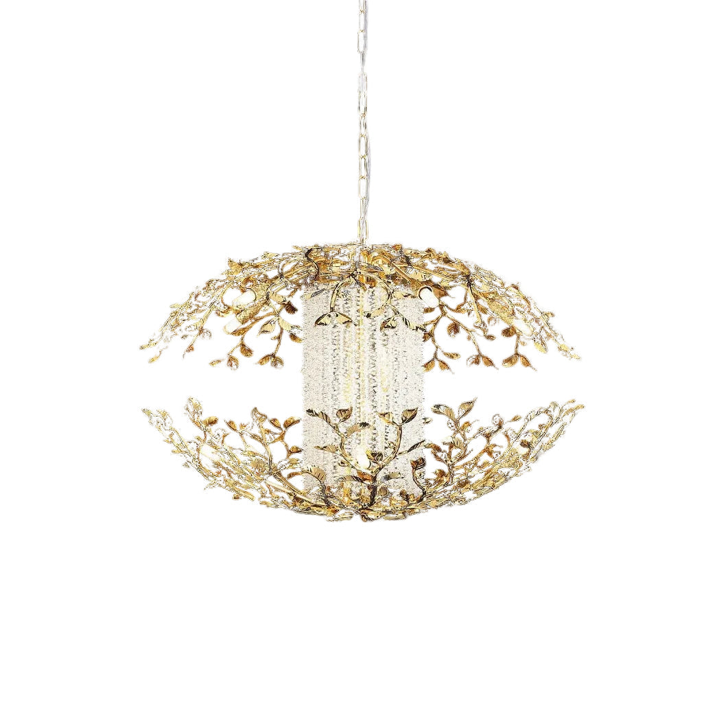 Bellarosa pendant light with sculpted gold leaves and crystal strands