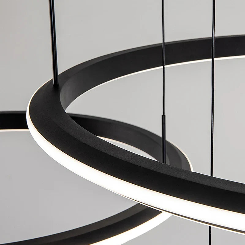 Close up detail of integrated LED light strip in circular ring chandelier