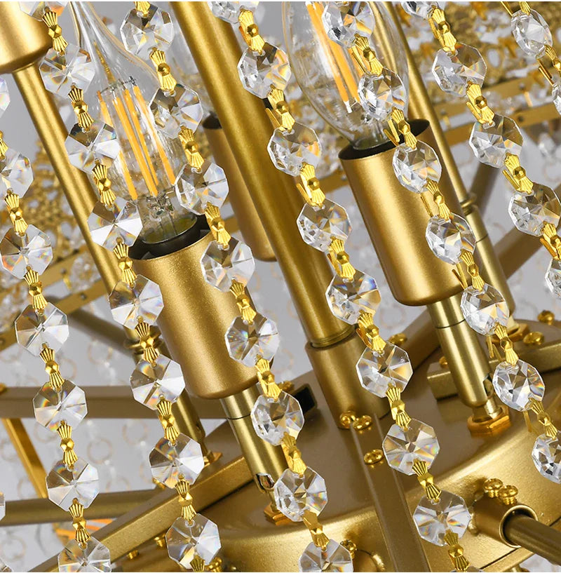 Gold frame structure with crystal arrangement on Belmond chandelier