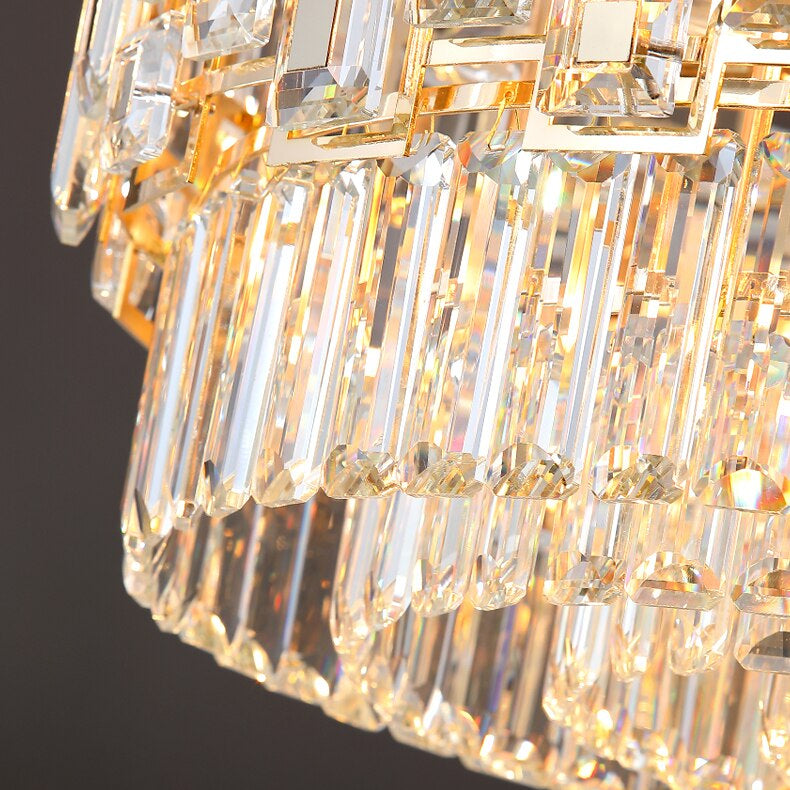 Belvedere circular crystal chandelier creating warm ambient lighting
