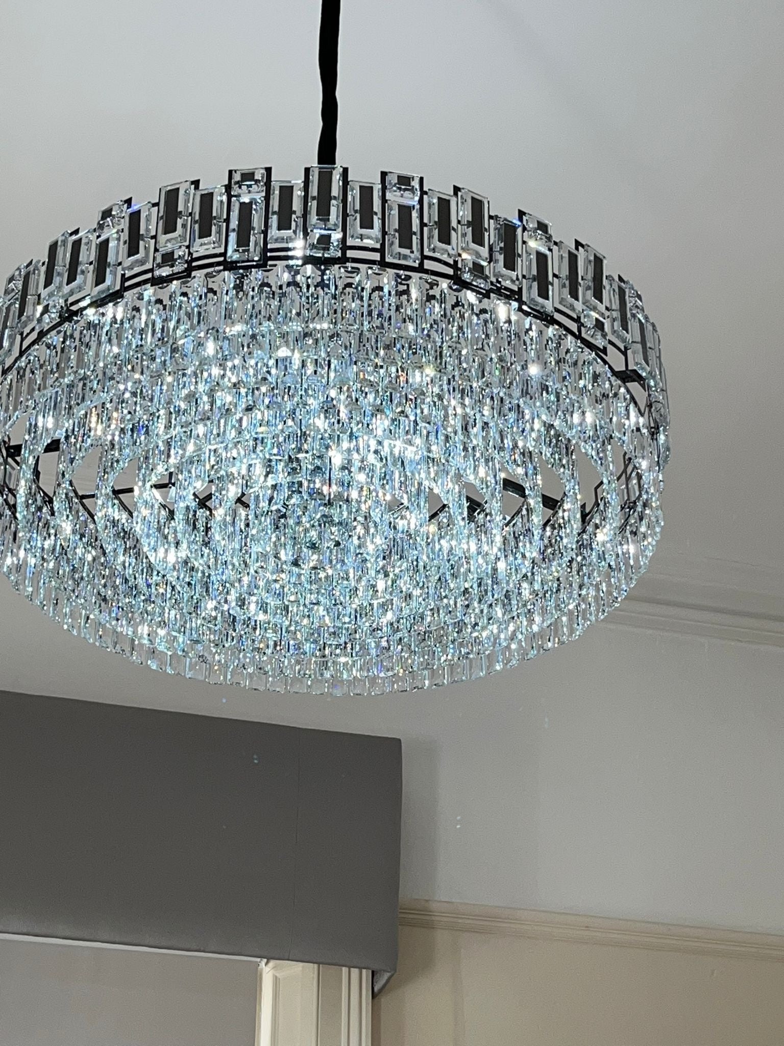 Close-up of rectangle and square crystal arrangement on Belvedere chandelier