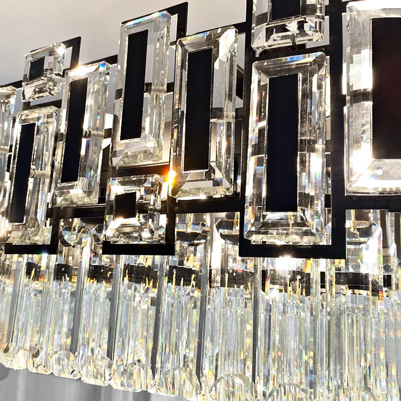 Close-up of rectangle and square crystal frame on Belvedere chandelier
