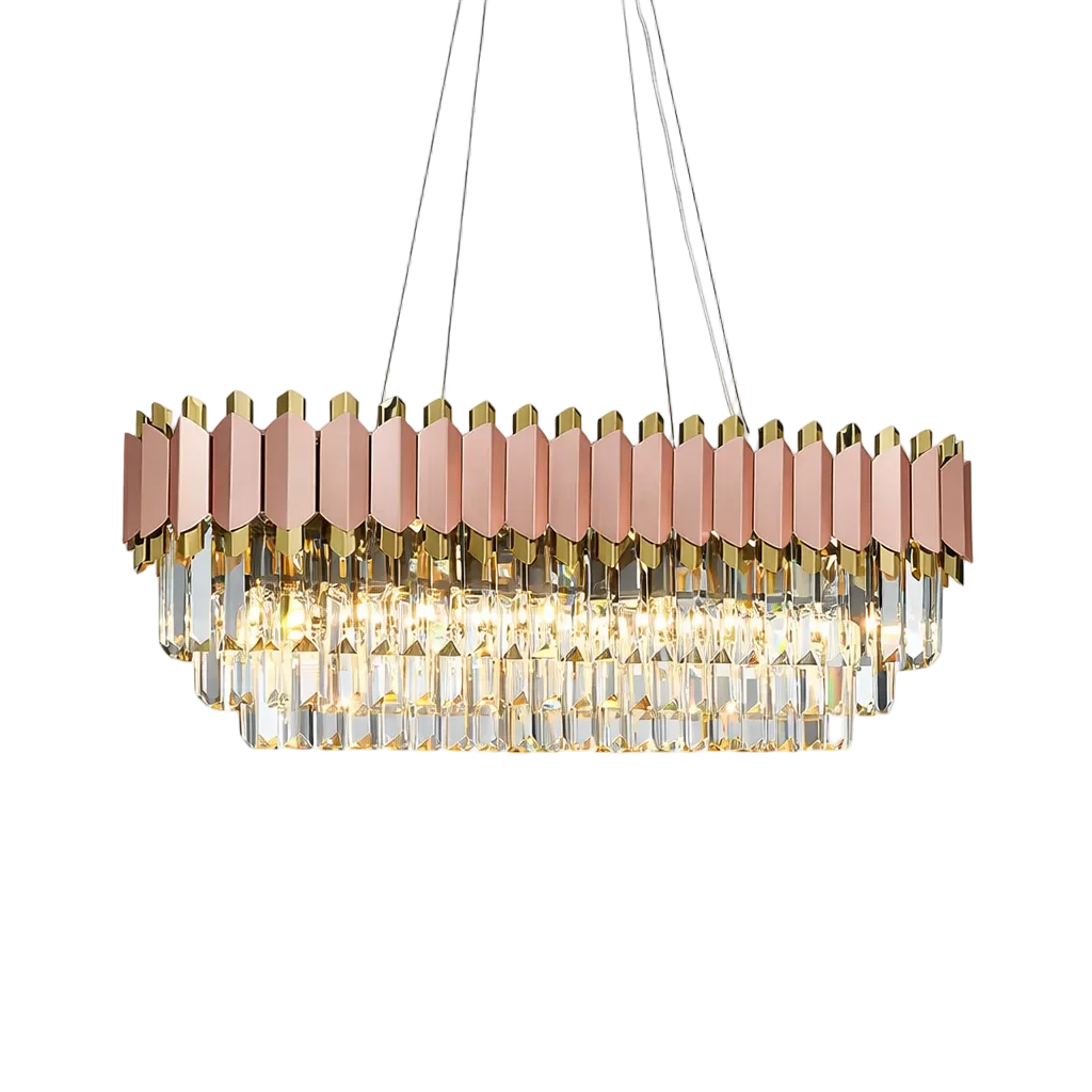Bianca rectangular chandelier with brushed rose gold frame and crystal bars