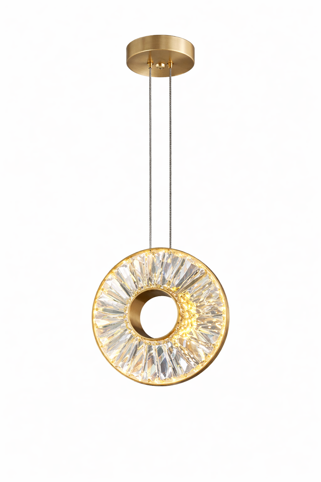 Bocelli pendant light with crystal ring and brushed gold frame