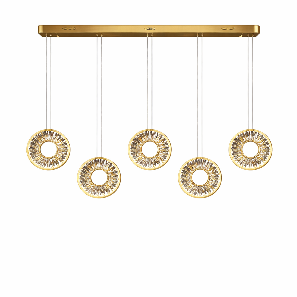 Bocelli rectangular chandelier with crystal ring pendants in gold frame