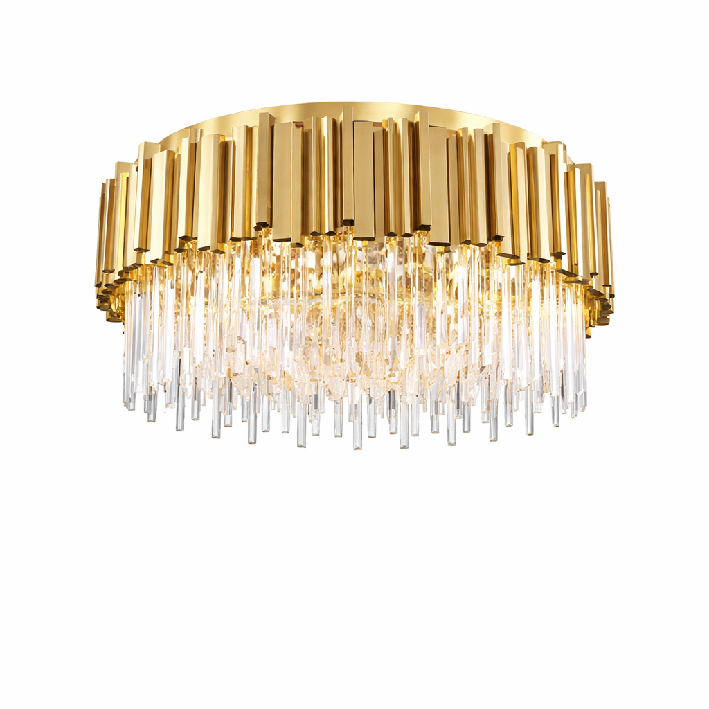 Boeotia ceiling light with gold cuboid tubing and cascading crystal bars