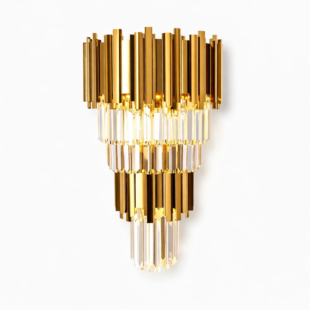 Boeotia double wall light with gold cuboid tubing and crystal bars
