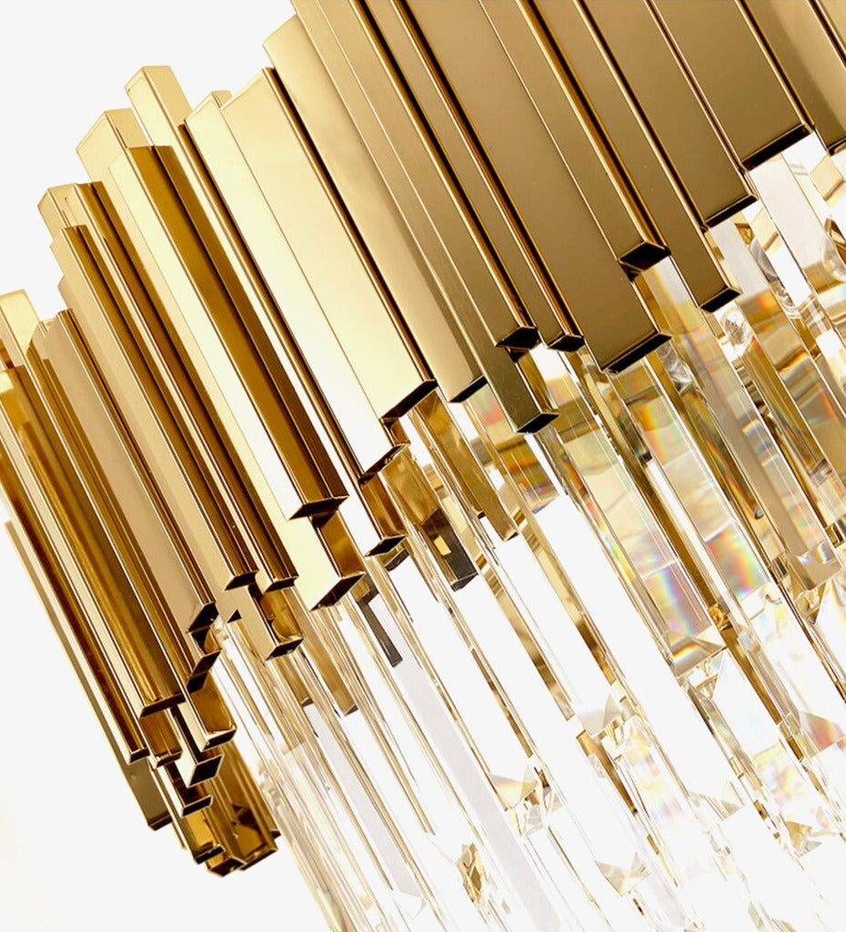 Close-up of gold cuboid tubing on Boeotia ceiling light