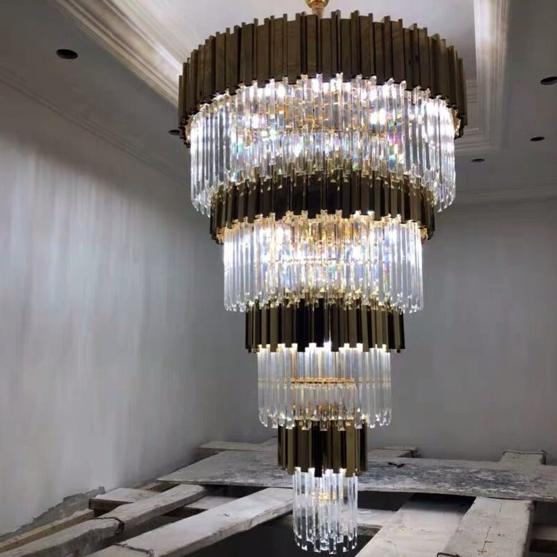 Side view of Boeotia Grandeur staircase chandelier in luxury interior