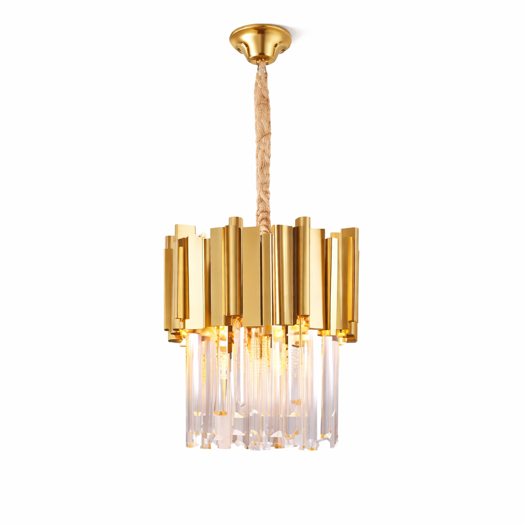 Boeotia pendant light with gold cuboid tubing and crystal prisms
