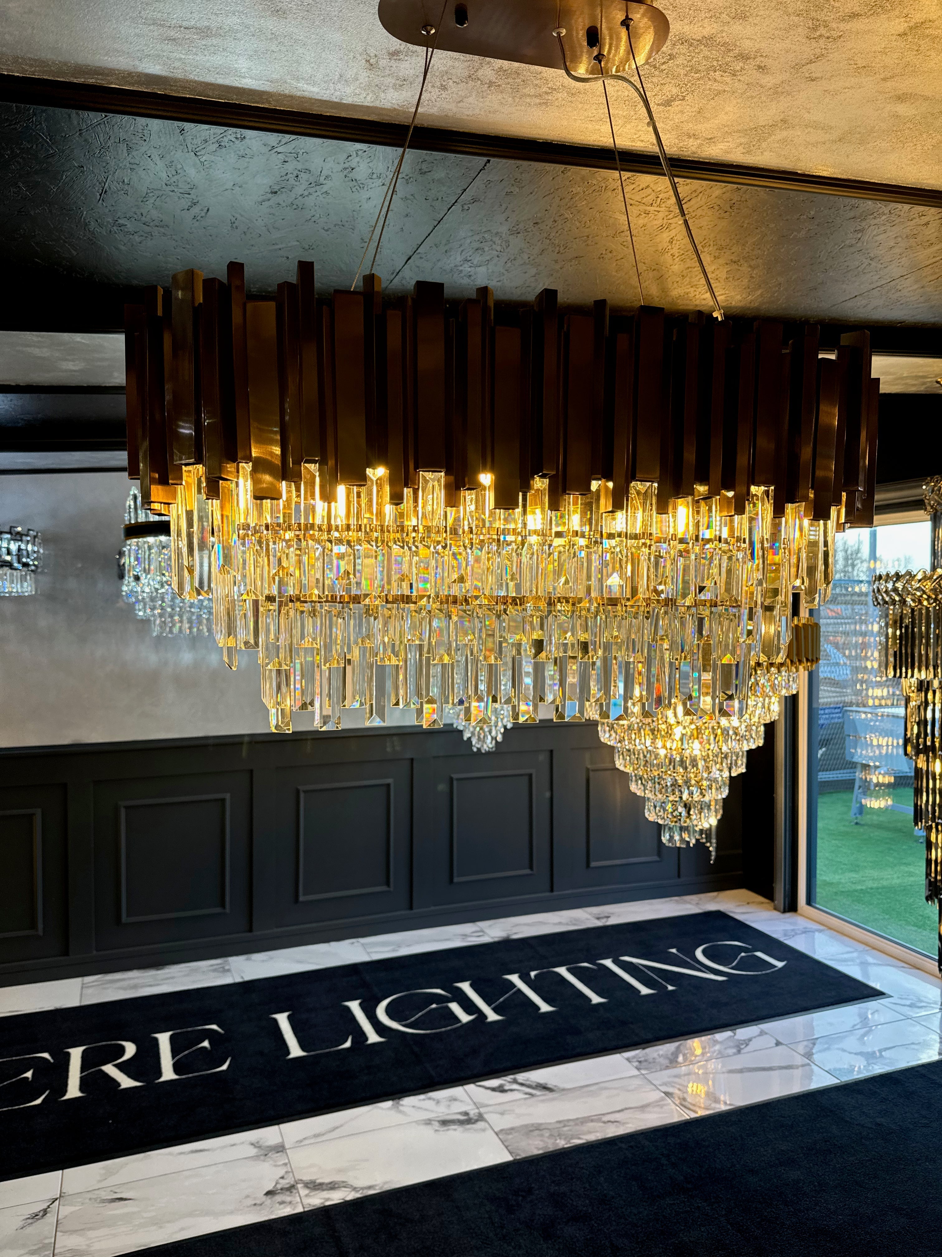Angled view of Boeotia rectangular chandelier in contemporary interior